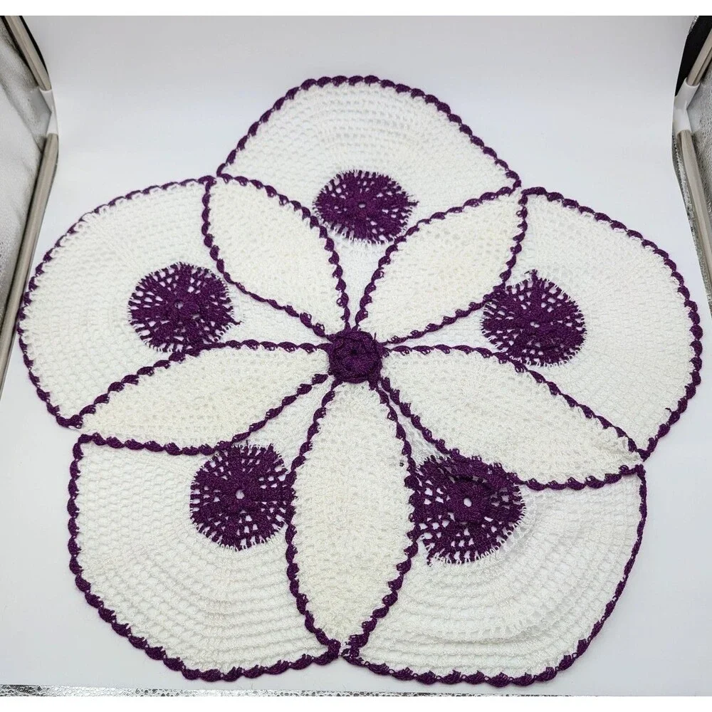 Large Crocheted Round White Purple Raised 3D Flower Doily 25
